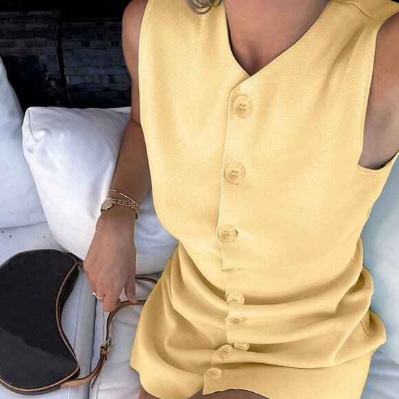 Yellow Casual Women's knit button detailed Pullover mini dress - Picture 3 of 11